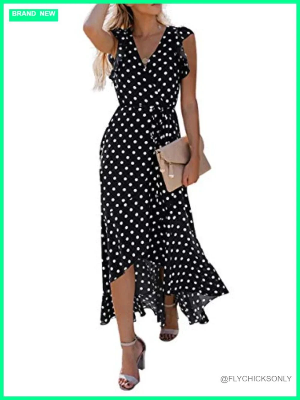 Flowy V-Neck Maxi Dress High Low Hem Ruffle Sleeves